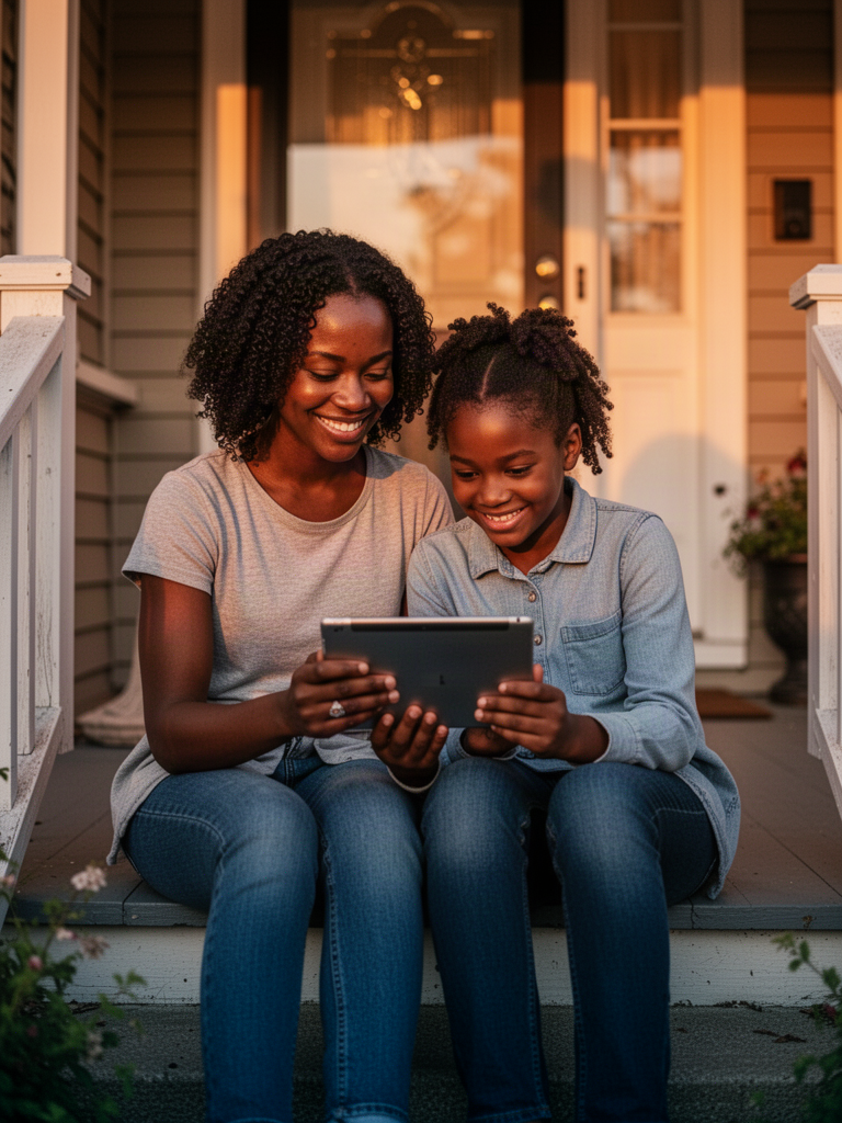 Mother and daughter looking at a tablet together on their front steps