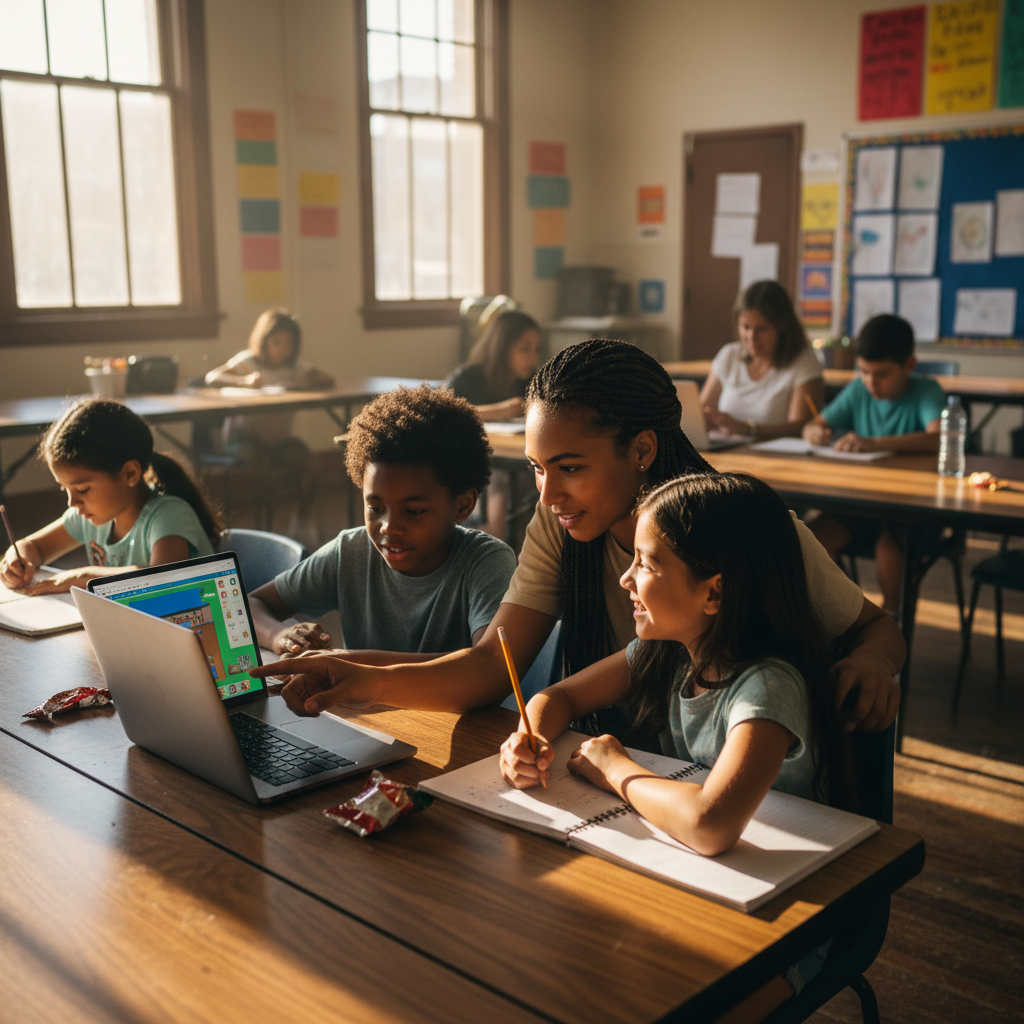 Mentor helping two students with homework at a community center