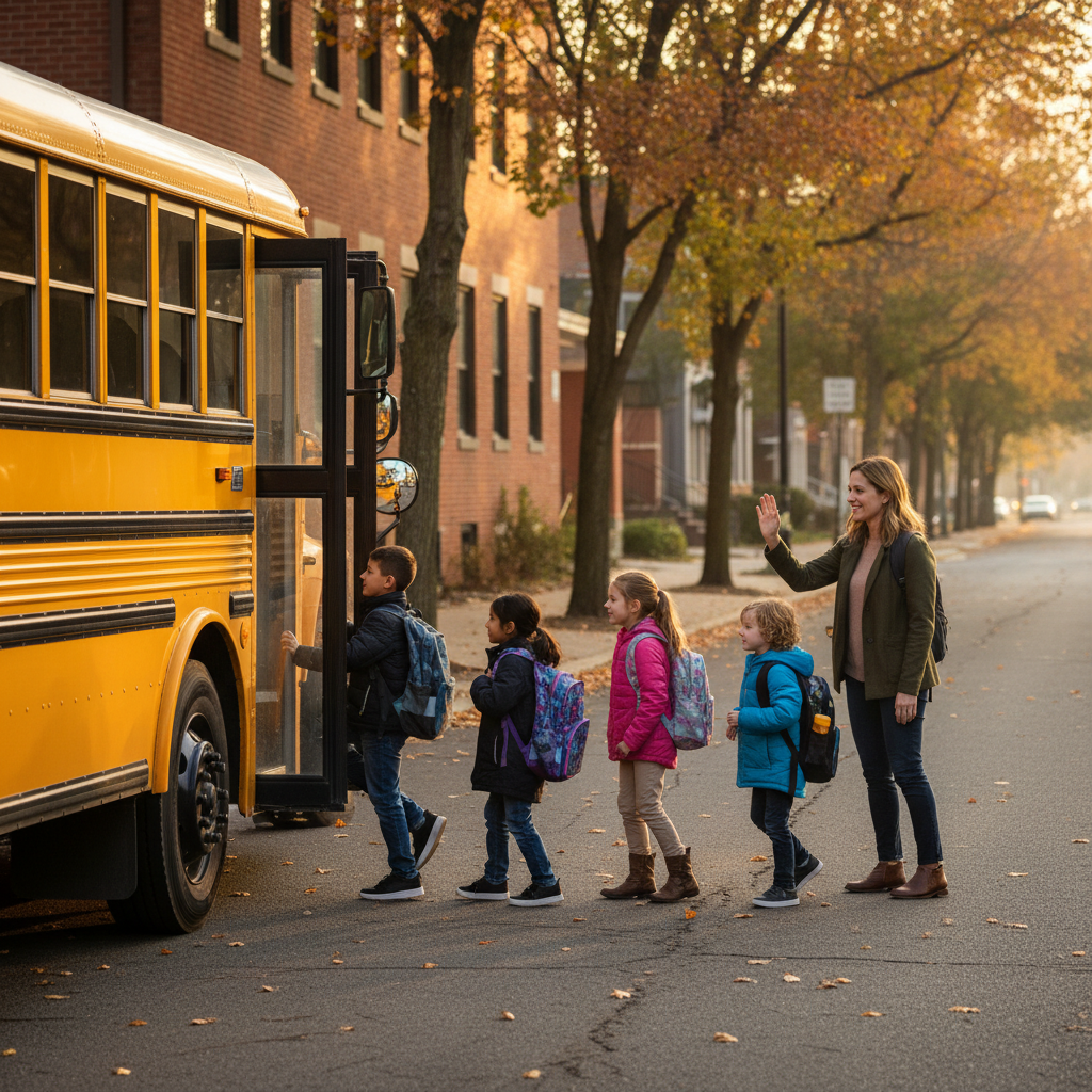 Students boarding a yellow school bus as a parent waves goodbye