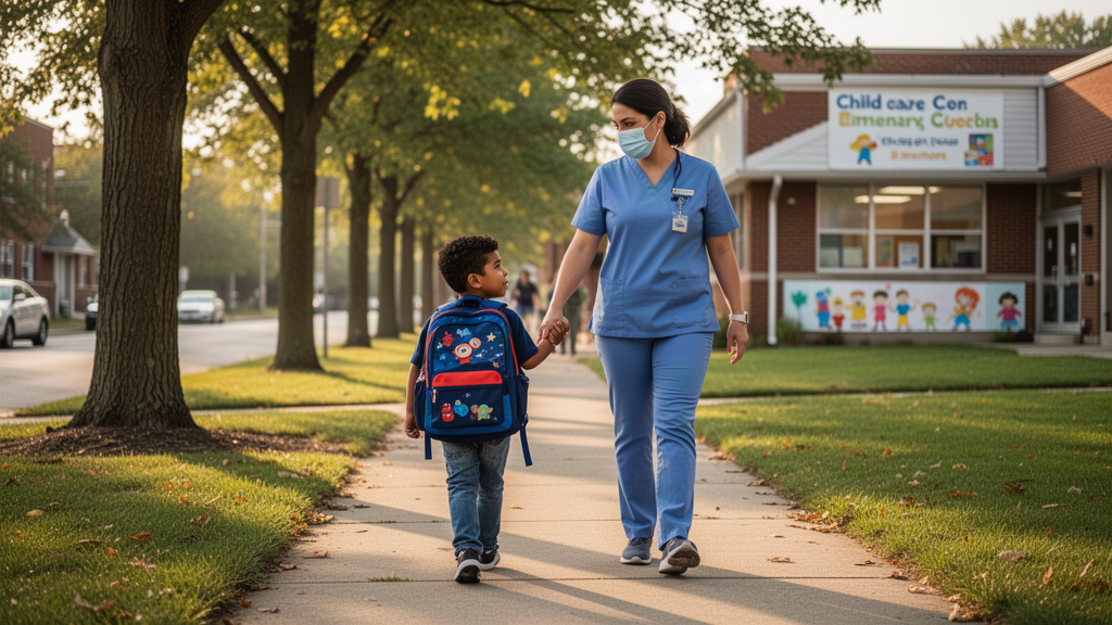 Caregiver walking a young boy from school to a nearby childcare center