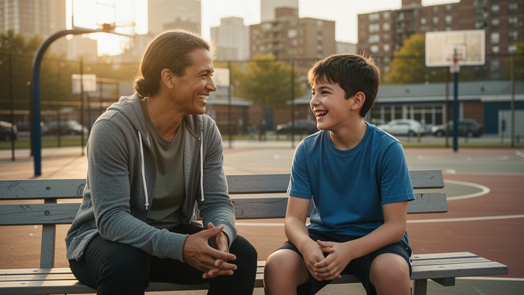 Adult mentor and a boy laughing together at a recreation center