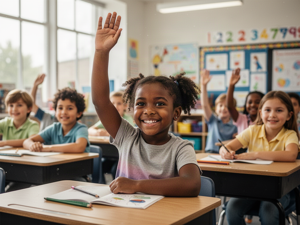 Girl raising her hand in a bright elementary classroom