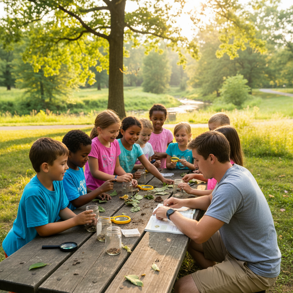 Children doing a nature science activity at a park summer day program