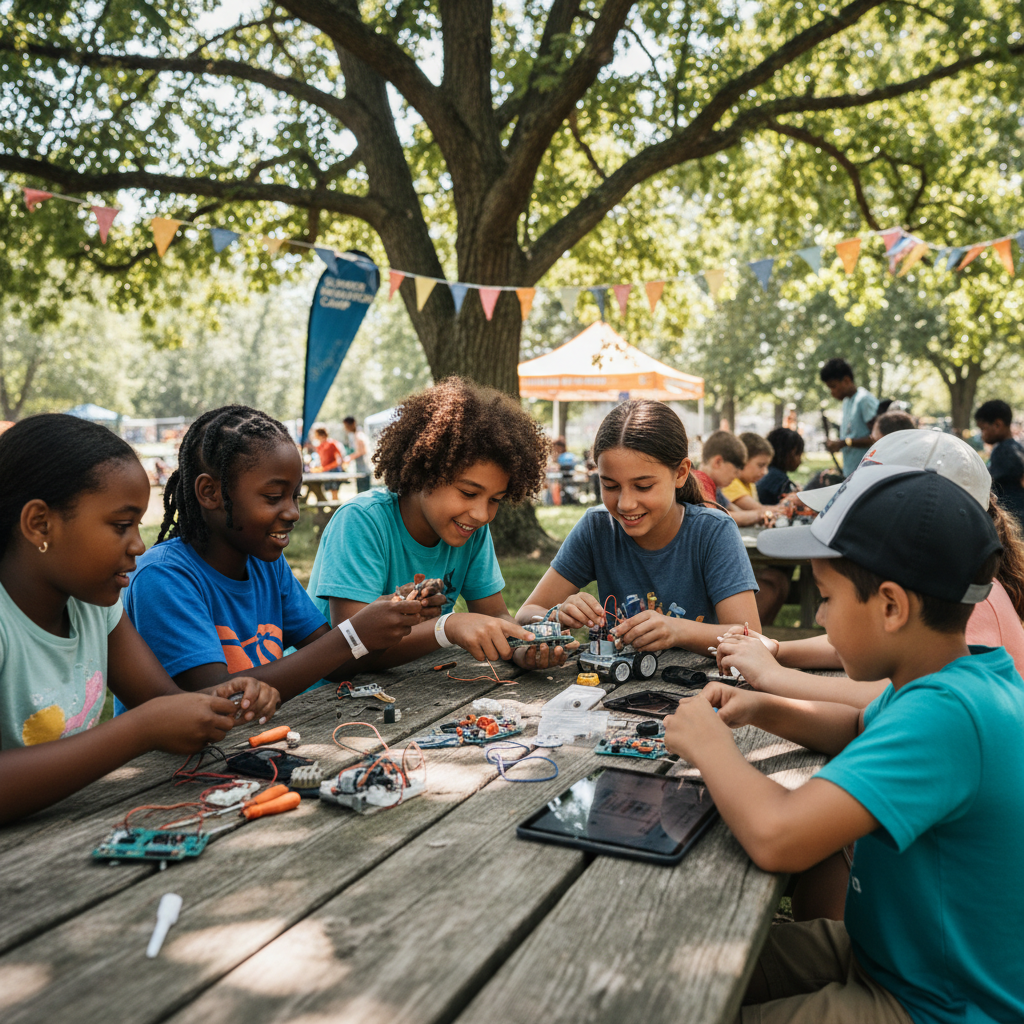 Kids building a robot at an outdoor summer STEM camp
